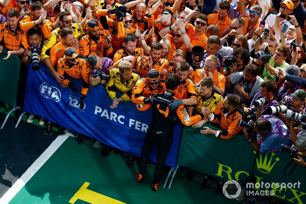 Lando Norris, McLaren F1 Team, 2nd position, celebrates with his team on arrival in Parc Ferme