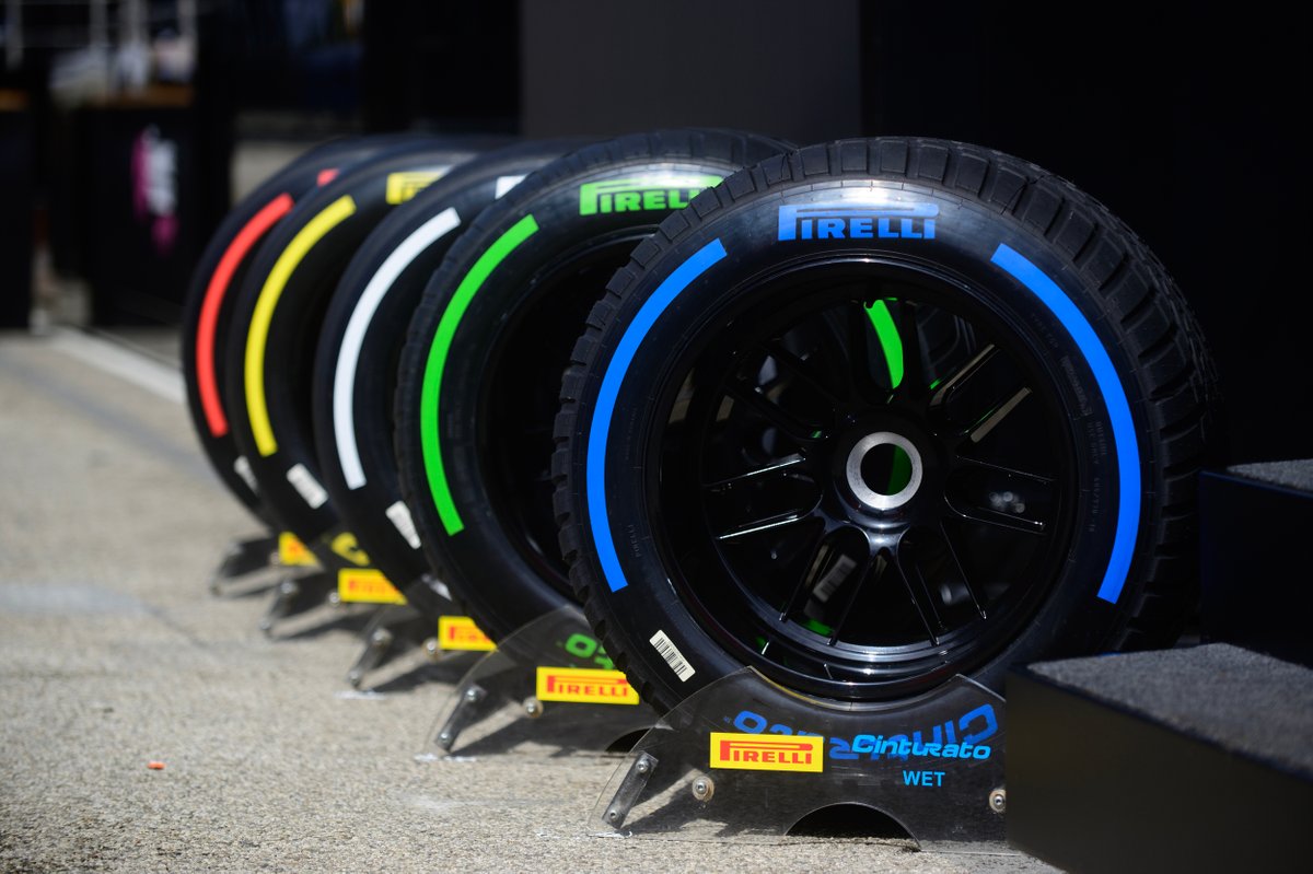 Pirelli tyres, from left to right: soft (red), medium (yellow), hard (white), intermediate (green), wet (blue)