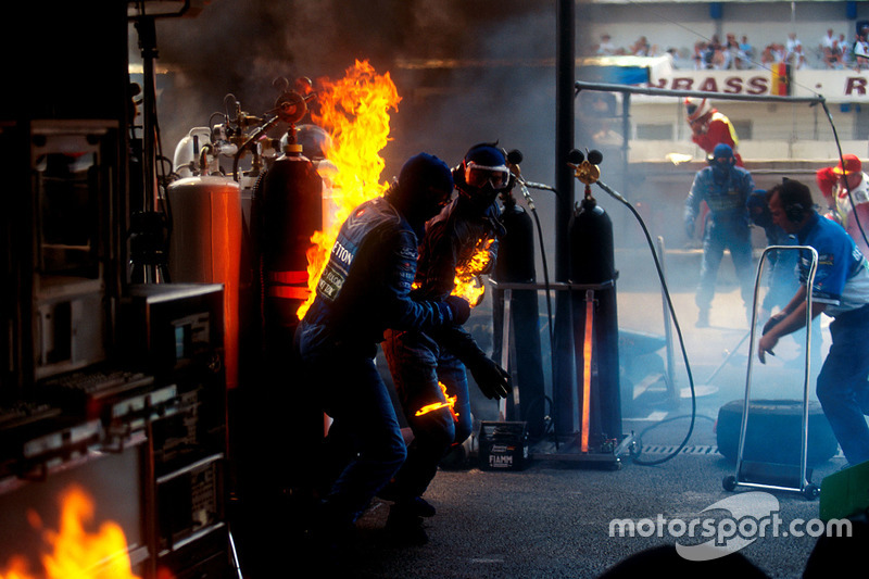 Fire during Jos Verstappen's pitstop at the 1994 German GP