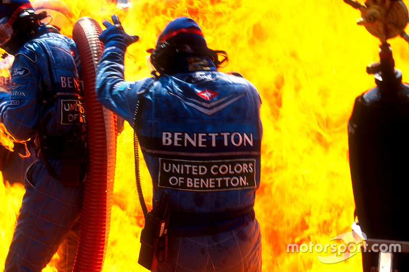 Fire during Jos Verstappen's pitstop at the 1994 German GP