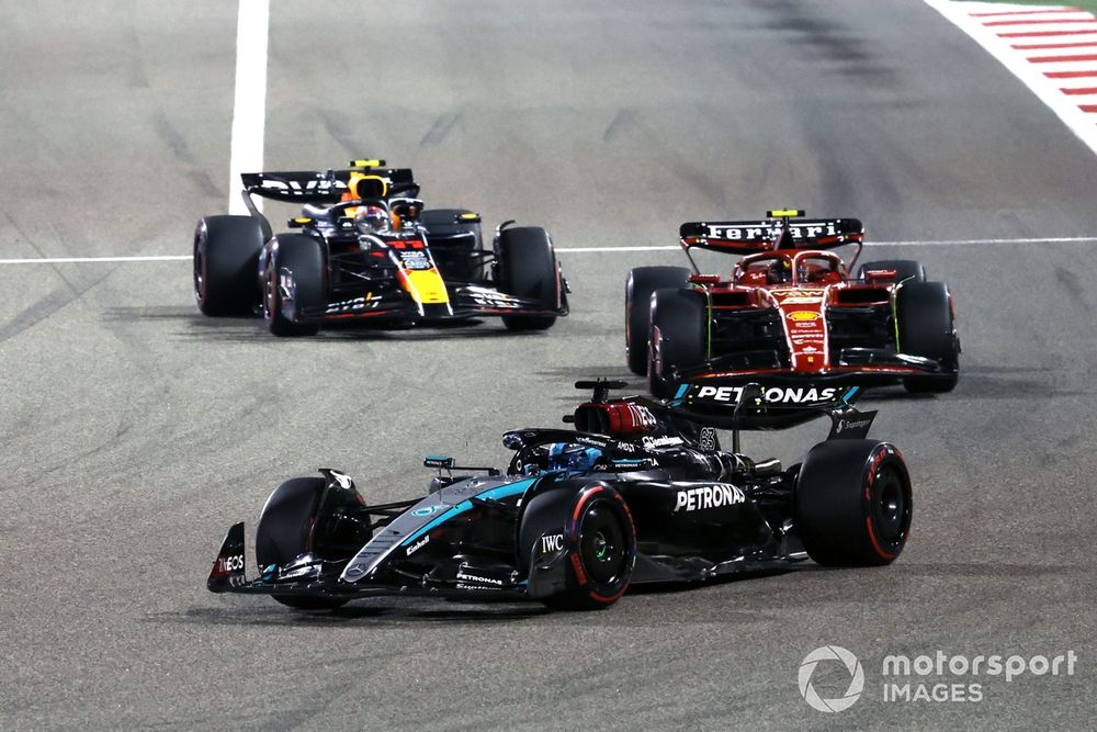 George Russell, Mercedes F1 W15, leads Carlos Sainz, Ferrari SF-24, and Sergio Perez, Red Bull Racing RB20