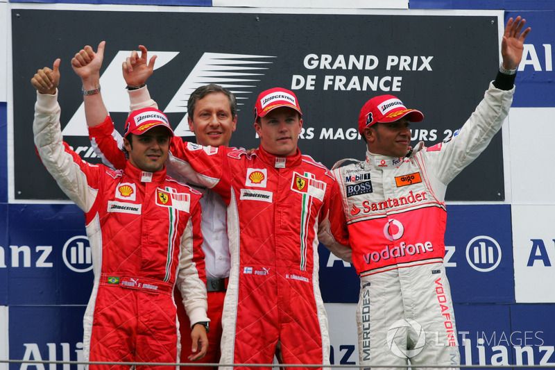 Podium: second place Felipe Massa, Ferrari, Race winner Kimi Raikkonen, Ferrari, third place Lewis Hamilton, McLaren