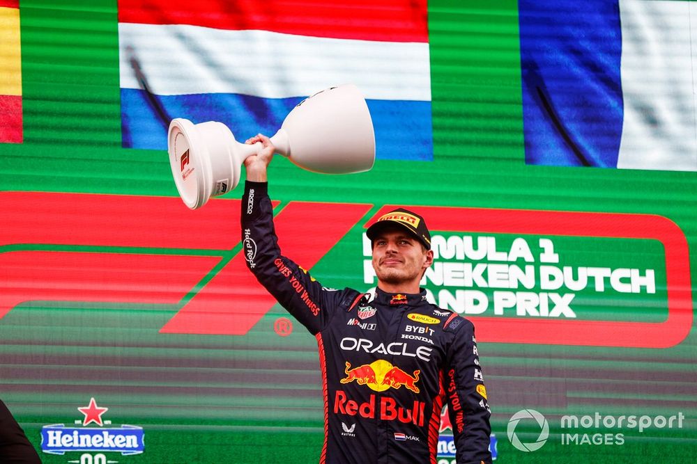 Max Verstappen, Red Bull Racing, 1st position, with his trophy