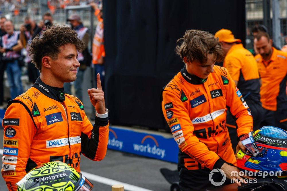 Pole man Lando Norris, McLaren F1 Team, celebrates in Parc Ferme 