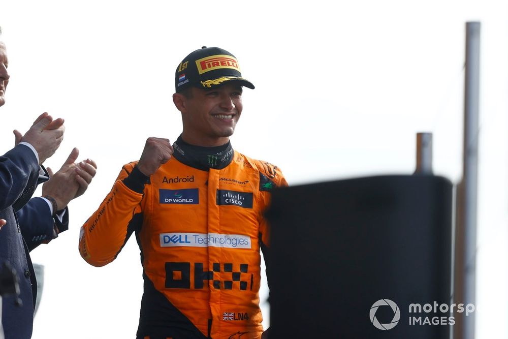 Lando Norris, McLaren F1 Team, 1st position, celebrates on the podium 