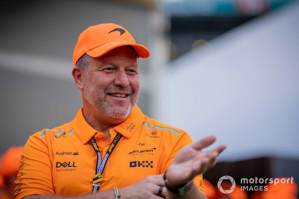 Zak Brown, CEO, McLaren Racing, celebrates victory with his team