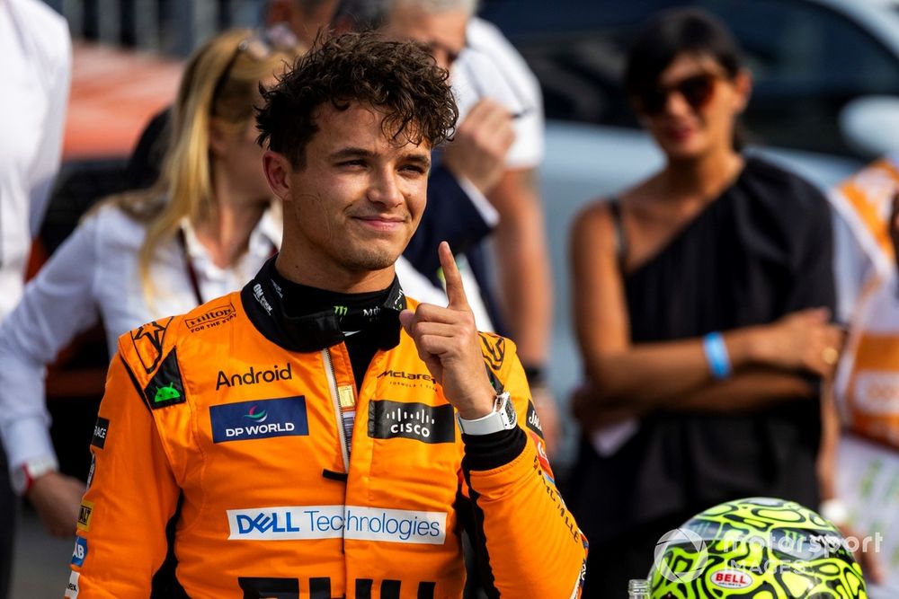 Pole man Lando Norris, McLaren F1 Team, celebrates in Parc Ferme 