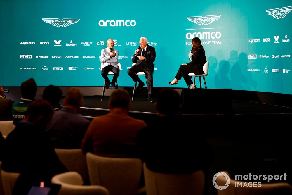 Adrian Newey, Managing Technical Partner, Aston Martin F1 Team and Lawrence Stroll, Owner, Aston Martin F1 Team onstage