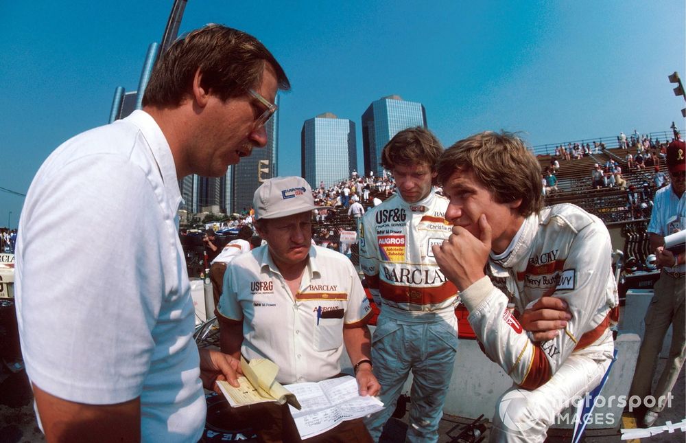 Rees (in hat, with Christian Danner and Thierry Boutsen) went on to found Arrows in 1979 after breaking away from Shadow