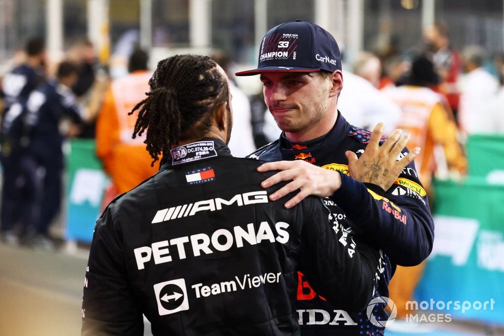 Lewis Hamilton, Mercedes, 2nd position, congratulates Max Verstappen, Red Bull Racing, 1st position, in Parc Ferme