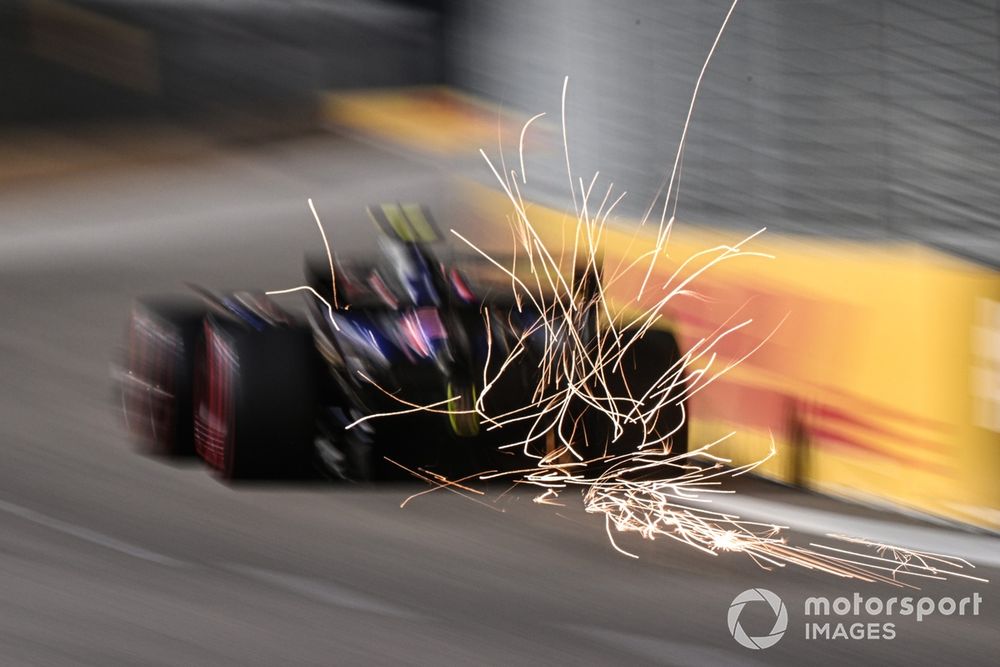 Sparks fly from Yuki Tsunoda, RB F1 Team VCARB 01