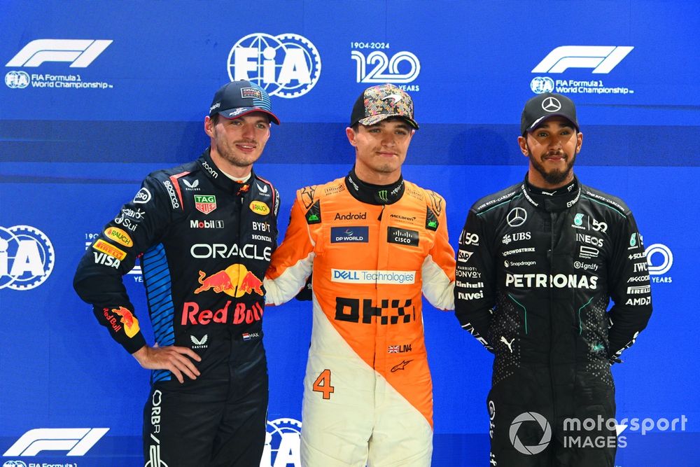 The Qualifying top three: Pole Man Lando Norris, McLaren F1 Team, Max Verstappen, Red Bull Racing, Lewis Hamilton, Mercedes-AMG F1 Team 