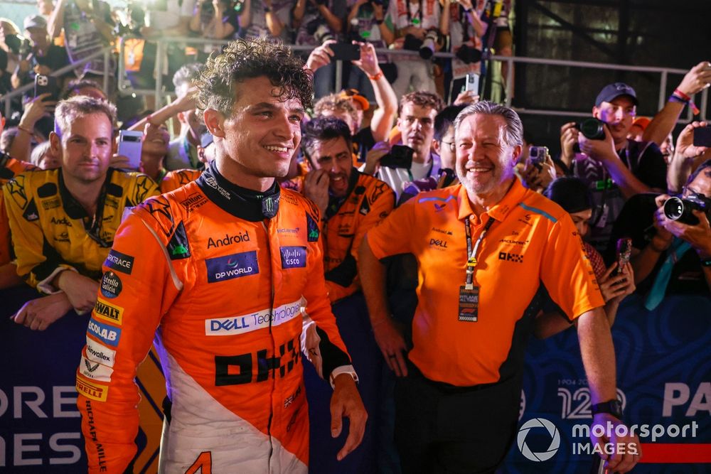 Lando Norris, McLaren F1 Team, 1st position, Zak Brown, CEO, McLaren Racing, and the McLaren team celebrate in Parc Ferme