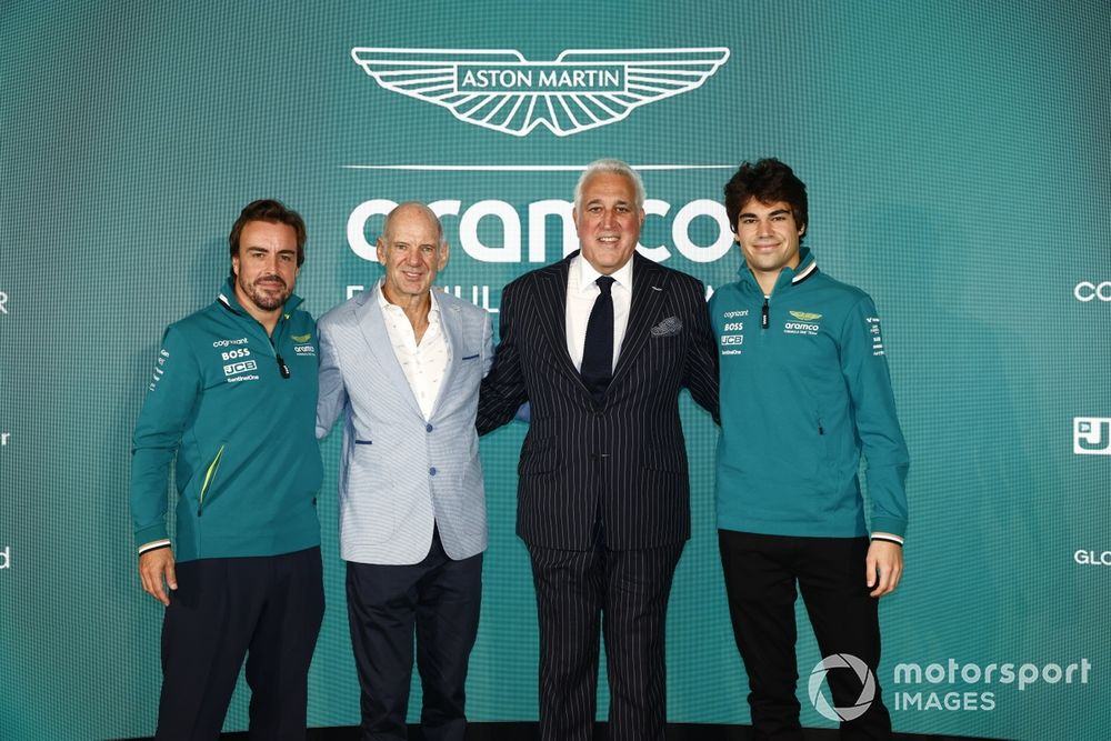 Fernando Alonso, Aston Martin F1 Team, Adrian Newey, Lawrence Stroll, Owner, Aston Martin F1 Team, and Lance Stroll, Aston Martin F1 Team