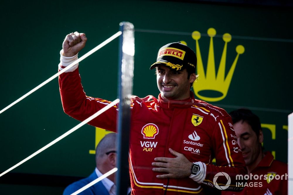 Carlos Sainz, Scuderia Ferrari, 1st position, celebrates on the podium