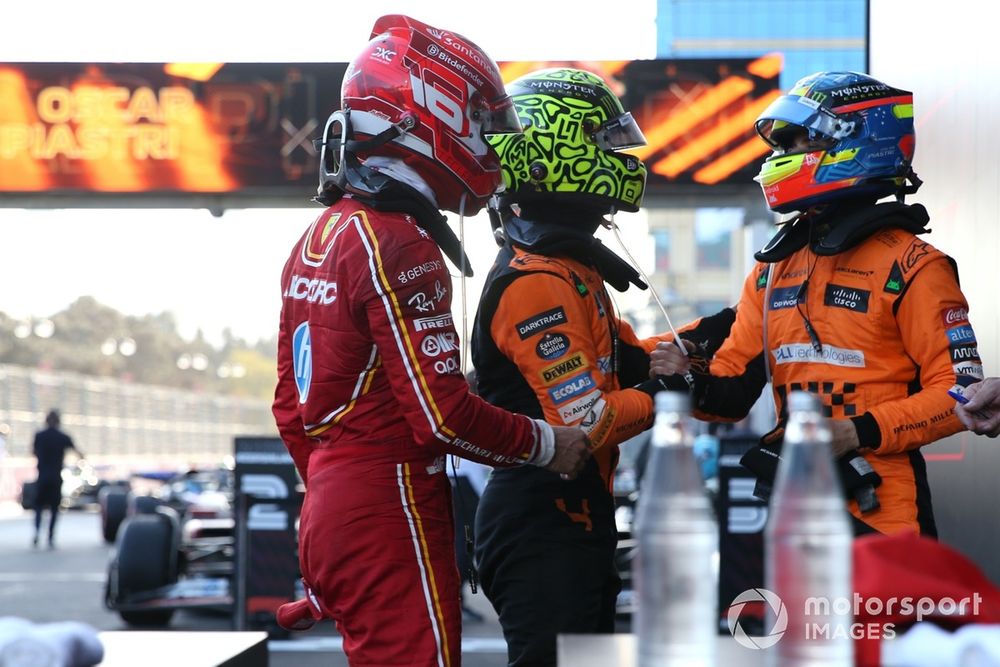 Charles Leclerc, Scuderia Ferrari, 2nd position, Lando Norris, McLaren F1 Team, congratulate Oscar Piastri, McLaren F1 Team, 1st position, in Parc Ferme