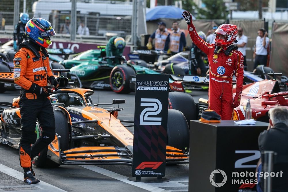 Pole man Charles Leclerc, Scuderia Ferrari, Oscar Piastri, McLaren F1 Team, in Parc Ferme after Qualifying 