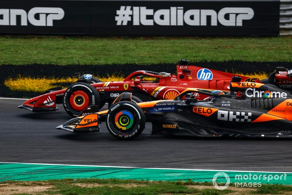 Charles Leclerc, Ferrari SF-24, battles with Oscar Piastri, McLaren MCL38 