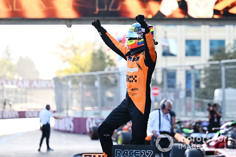 Oscar Piastri, McLaren F1 Team, 1st position, celebrates in Parc Ferme 