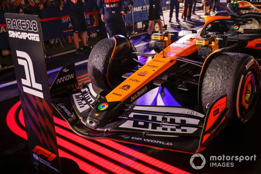 The car of Lando Norris, McLaren MCL38, 1st position, in Parc Ferme