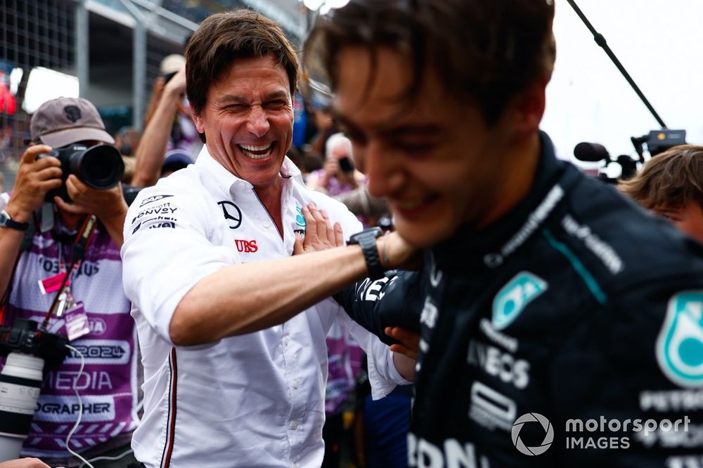 George Russell, Mercedes-AMG F1 Team, 1st position, Toto Wolff, Team Principal and CEO, Mercedes-AMG F1 Team, celebrate in Parc Ferme