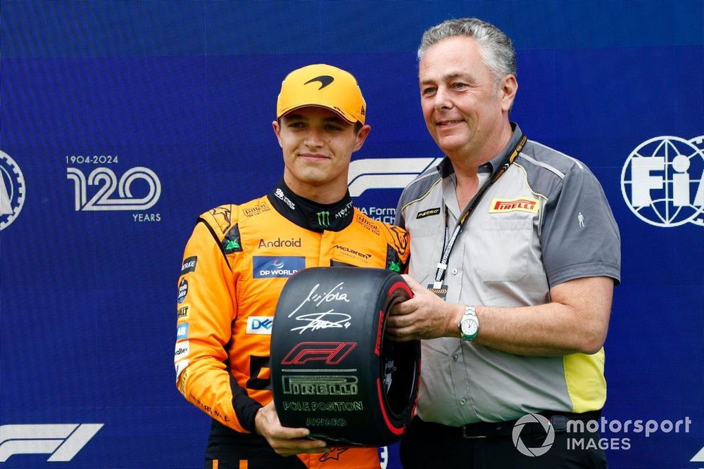 Lando Norris, McLaren F1 Team, receives his Pirelli Pole Position Award from Mario Isola, Racing Manager, Pirelli Motorsport