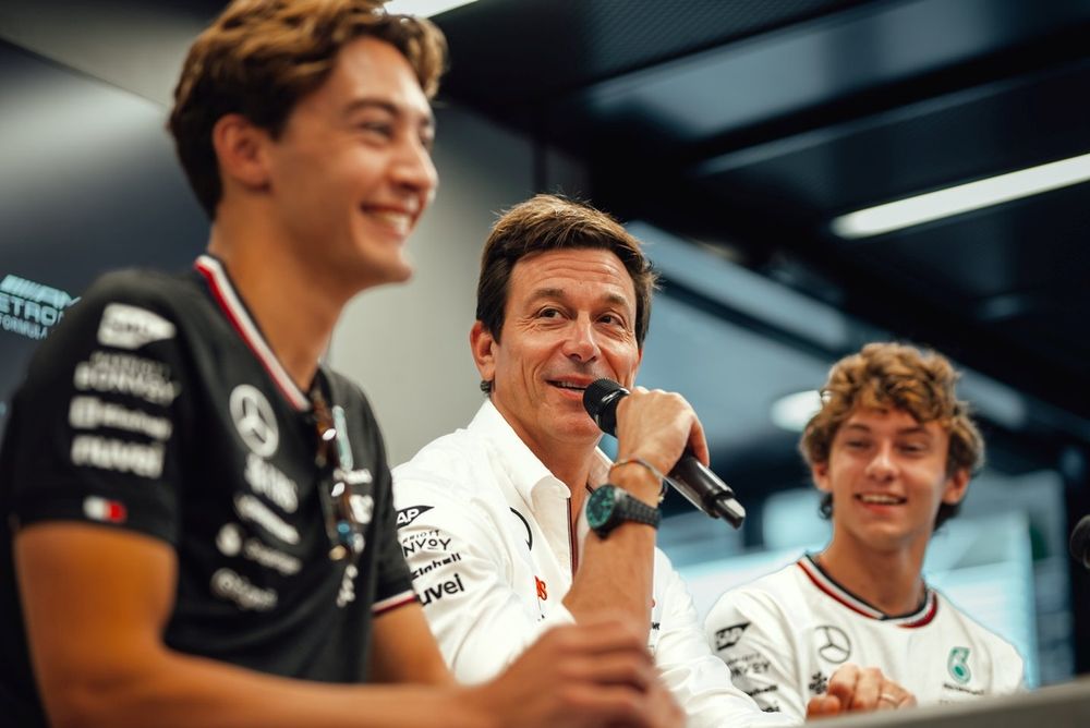 Andrea Kimi Antonelli, George Russell, Toto Wolff, Team Principal and CEO, Mercedes-AMG F1 Team