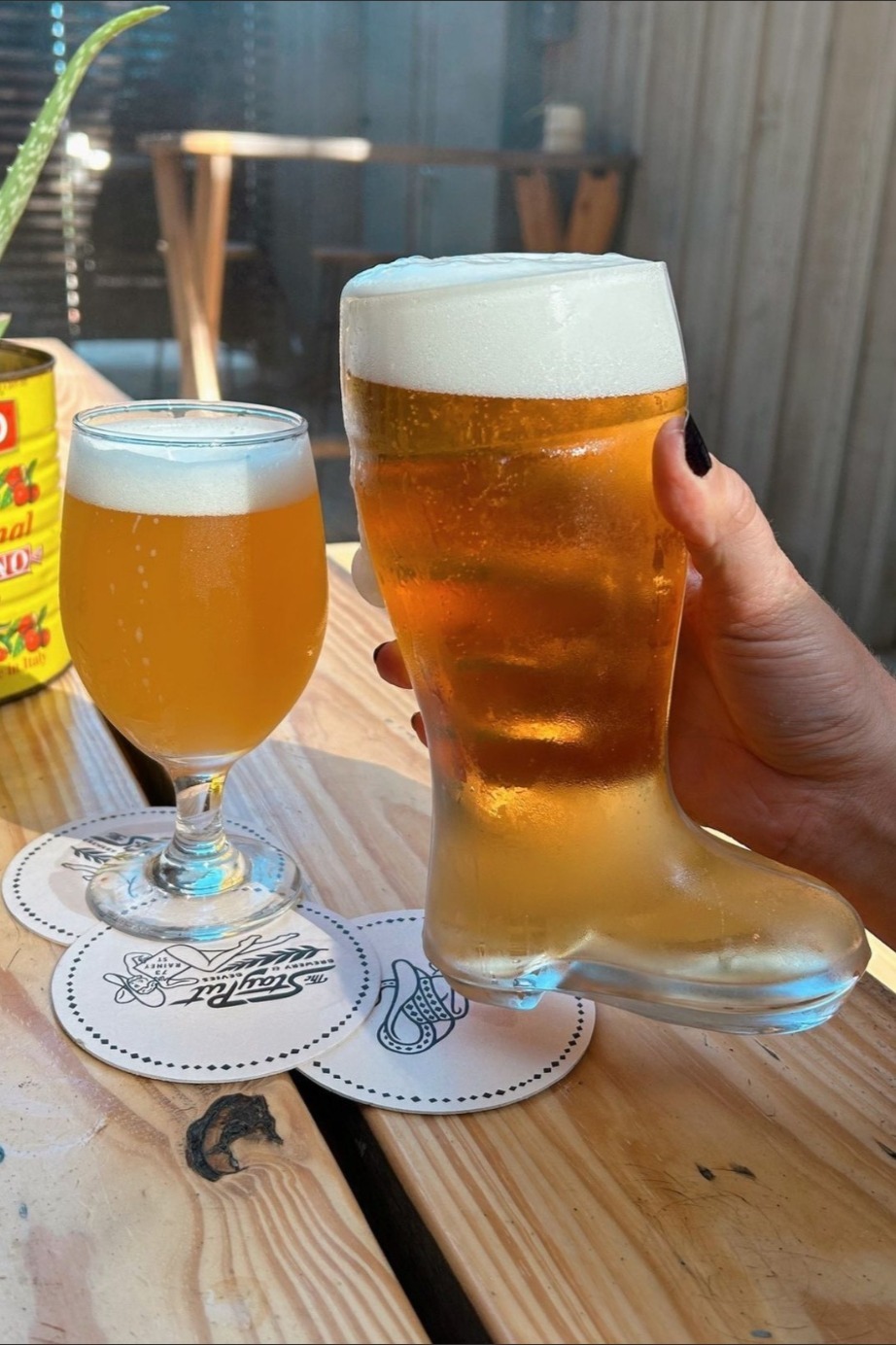 The Stay Put's 'dynamite IPA' in an appropriately-themed boot-shaped glass.