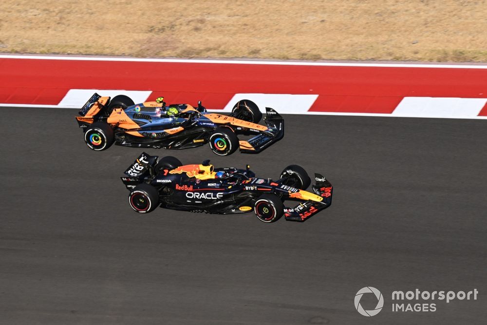 Lando Norris, McLaren MCL38, battles with Max Verstappen, Red Bull Racing RB20