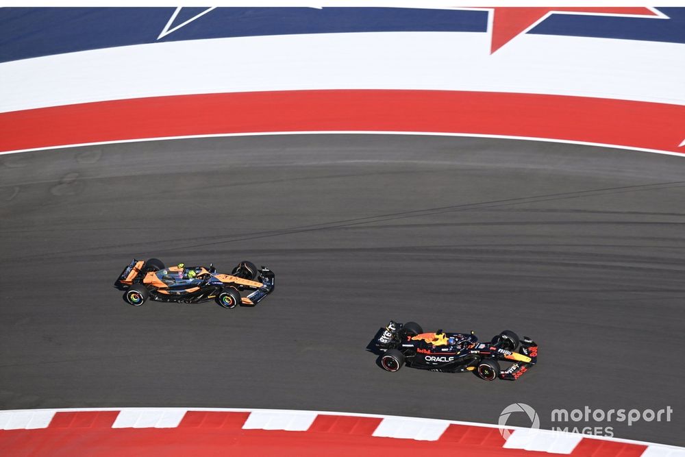 Lando Norris, McLaren MCL38, battles with Max Verstappen, Red Bull Racing RB20 