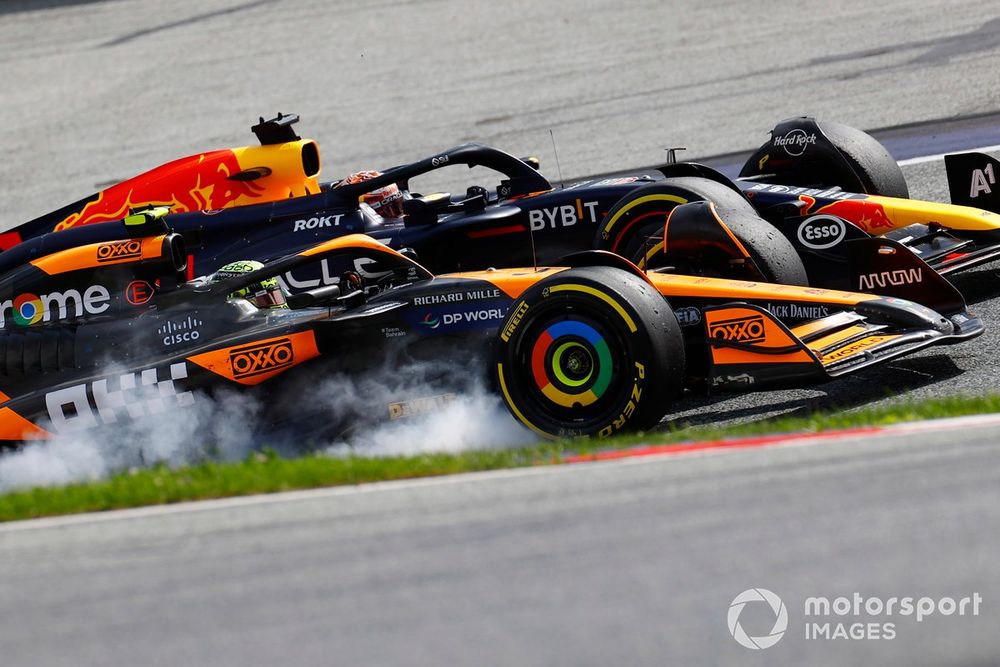 Max Verstappen, Red Bull Racing RB20, battles with Lando Norris, McLaren MCL38