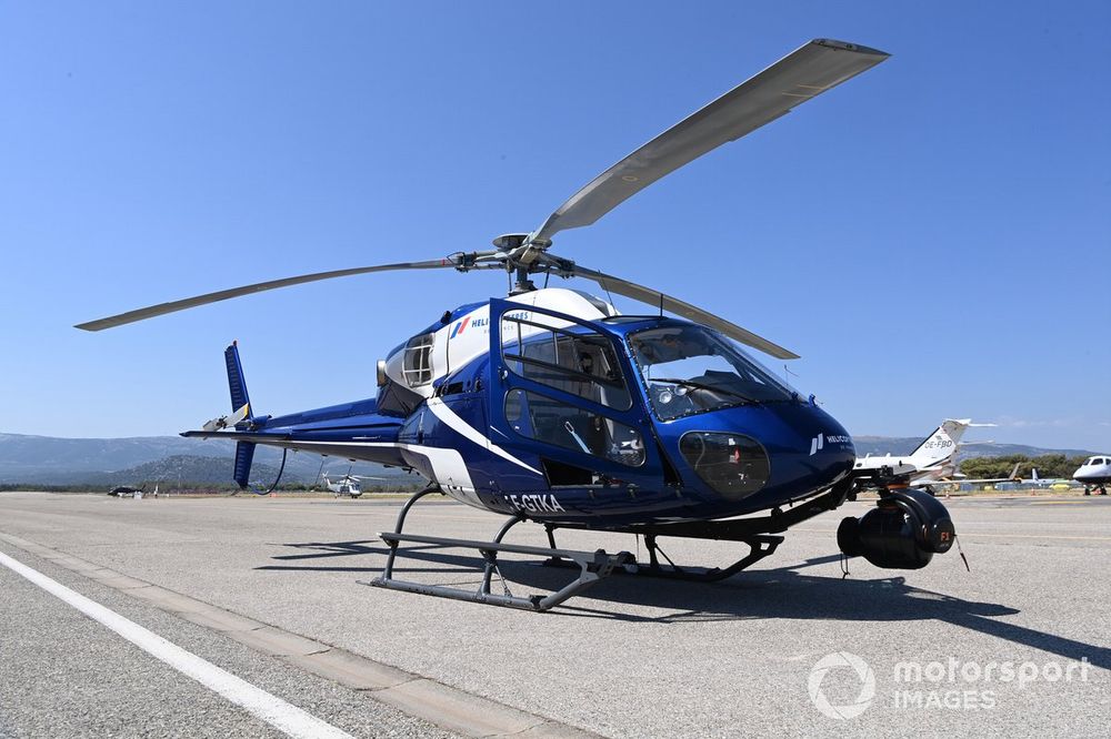 The Shotover F1 camera, which is operated by Lieven Hermans, Aerial Camera Operator for F1, mounted on a helicopter