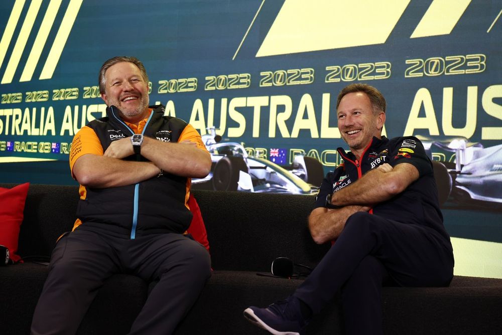 Zak Brown, CEO, McLaren Racing, Christian Horner, Team Principal, Red Bull Racing, in the team principals Press Conference