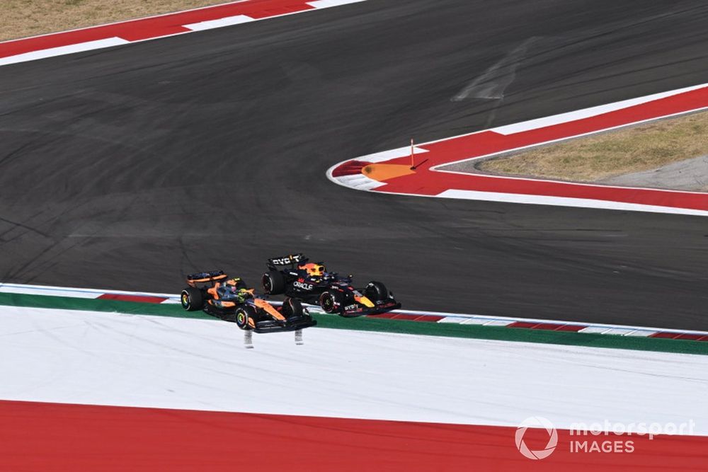 Lando Norris, McLaren MCL38, battles with Max Verstappen, Red Bull Racing RB20 