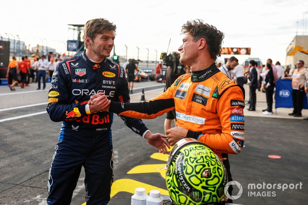 Max Verstappen, Red Bull Racing, congratulates Pole man Lando Norris, McLaren F1 Team, in Parc Ferme 