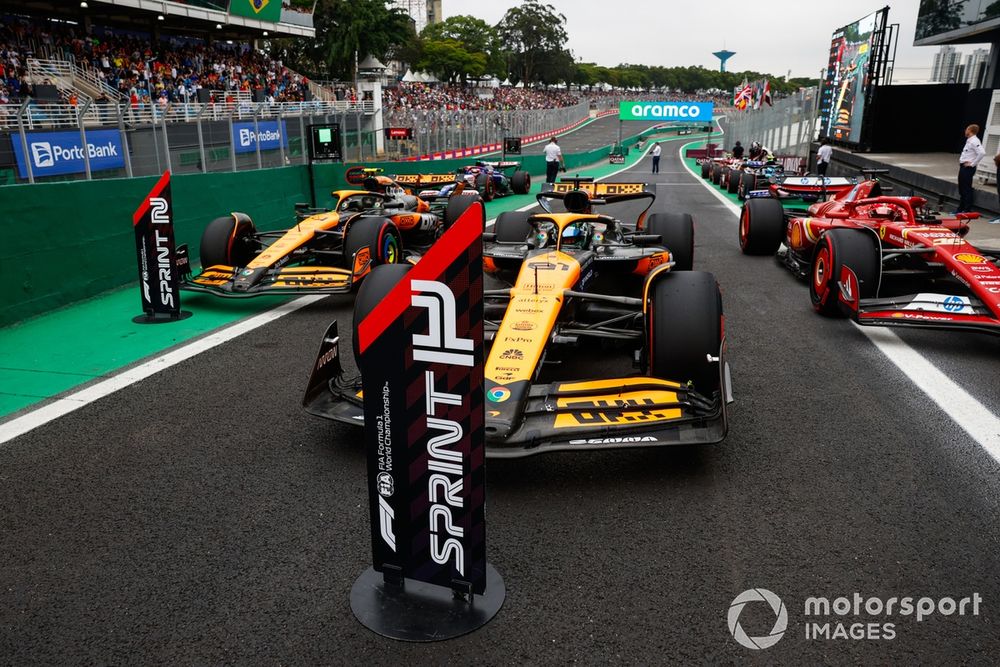 Sprint Pole man Oscar Piastri, McLaren MCL38, parks his car in Parc Ferme