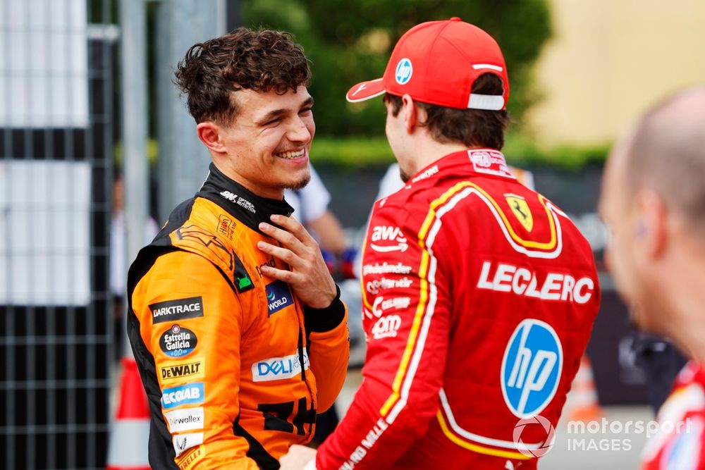 Lando Norris, McLaren F1 Team, 2nd position, and Charles Leclerc, Scuderia Ferrari, 3rd position, talk in Parc Ferme