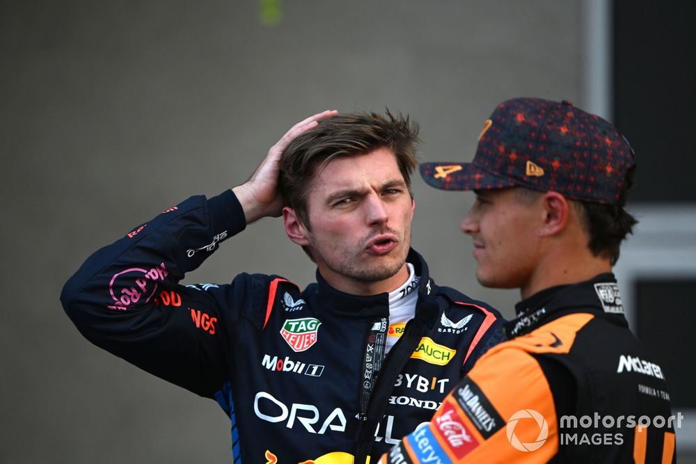 Max Verstappen, Red Bull Racing, and Lando Norris, McLaren F1 Team, in Parc Ferme after Qualifying