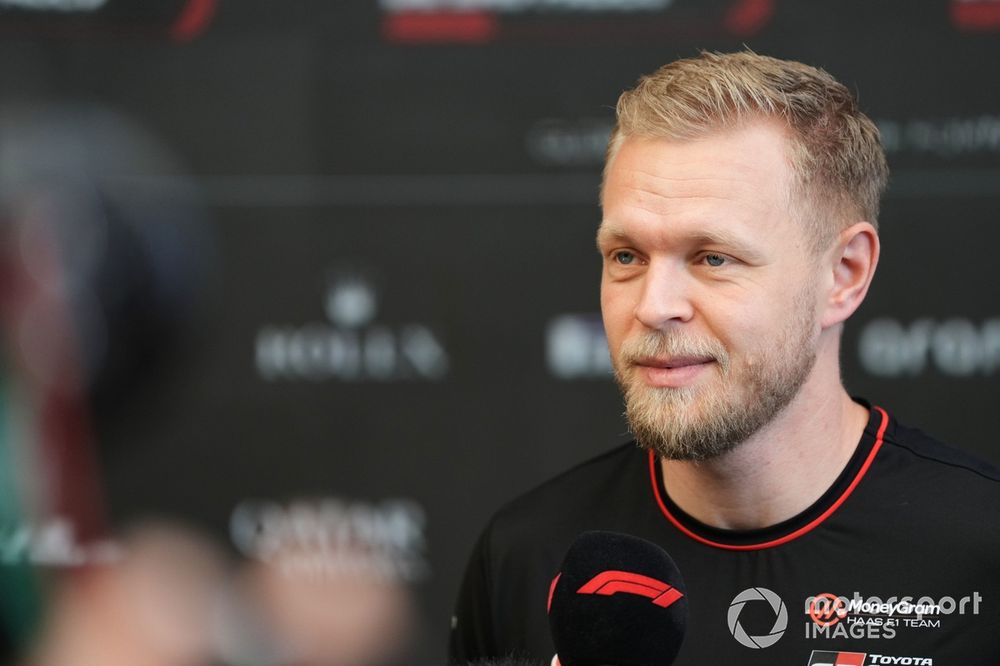 Kevin Magnussen, Haas F1 Team, speaks to the media