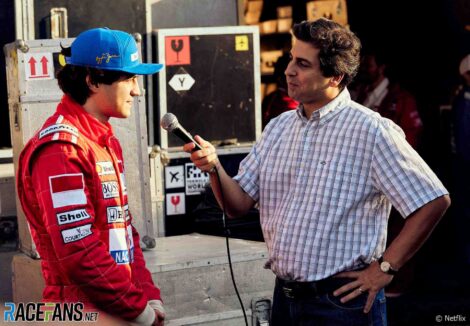 Gabriel Leone as Ayrton Senna, Gabriel Louchard as Galvao Bueno in Netflix's Senna