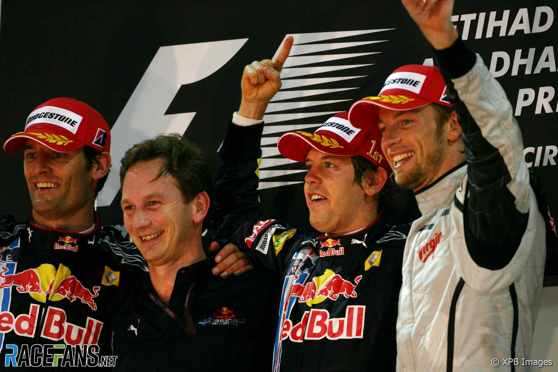 Mark Webber, Christian Horner, Sebastian Vettel, Jenson Button, Yas Marina, 2009