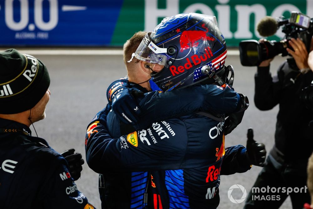 World Champion Max Verstappen, Red Bull Racing celebrates with his team in Parc Ferme