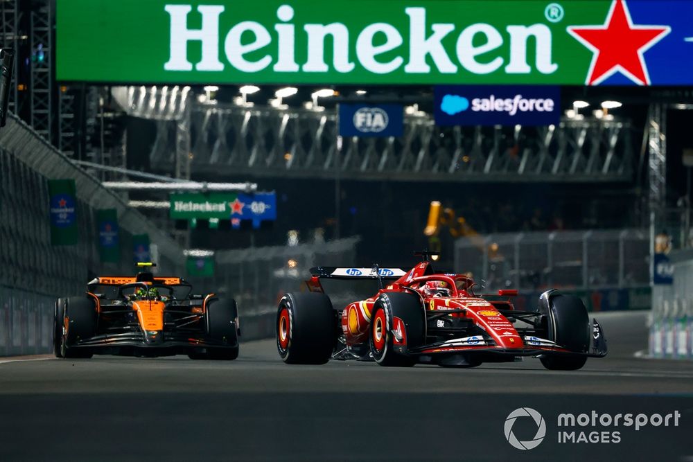 Charles Leclerc, Ferrari SF-24, leads Lando Norris, McLaren MCL38