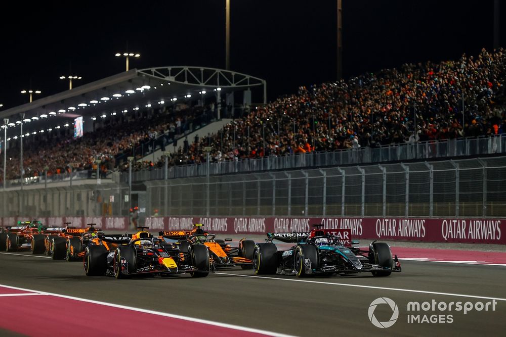 Russell started on pole after Verstappen was handed a one-place grid penalty, but the Red Bull driver stormed ahead into Turn 1