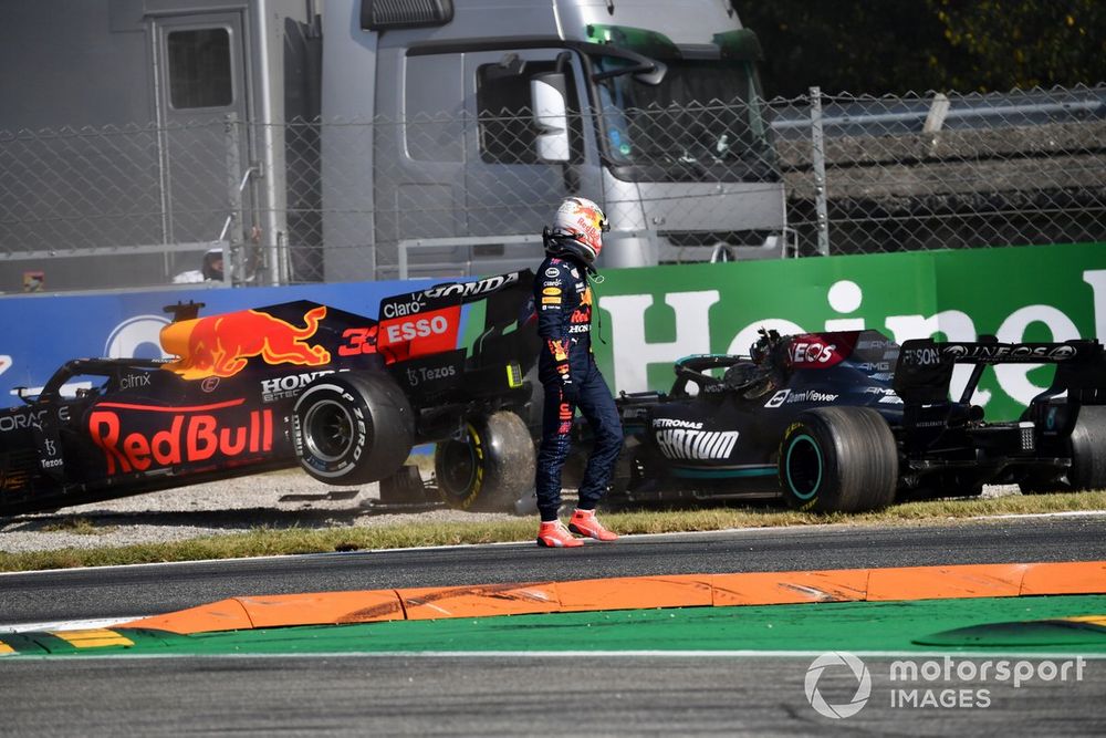 Max Verstappen, Red Bull Racing, looks on Lewis Hamilton, Mercedes W12 after colliding