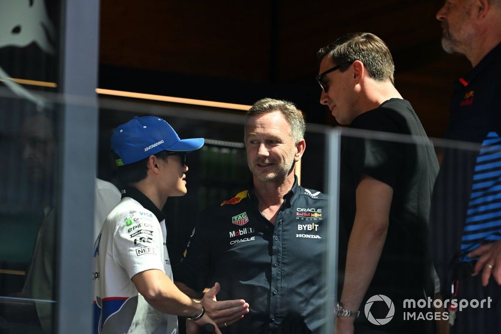 Yuki Tsunoda, Visa Cash App RB F1 Team, talks to Christian Horner, Team Principal, Red Bull Racing and Red Bull GmbH co-owner Mark Mateschitz