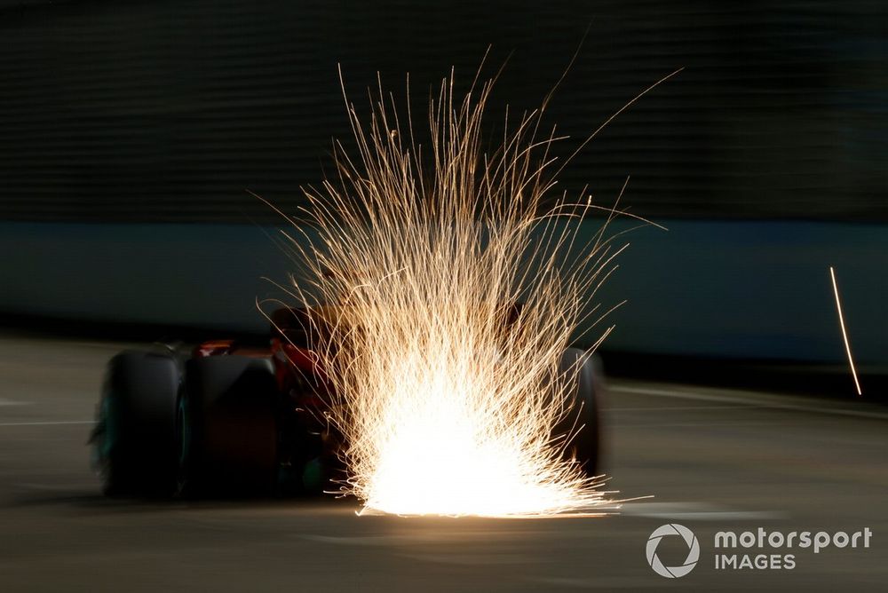 Sparks fly from Charles Leclerc, Ferrari SF-23