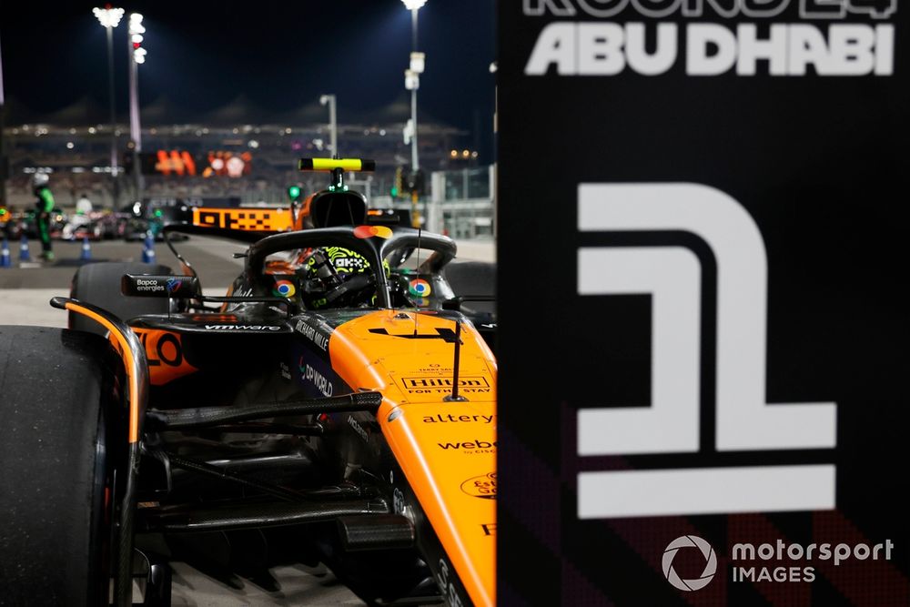 Pole man Lando Norris, McLaren MCL38, arrives in Parc Ferme