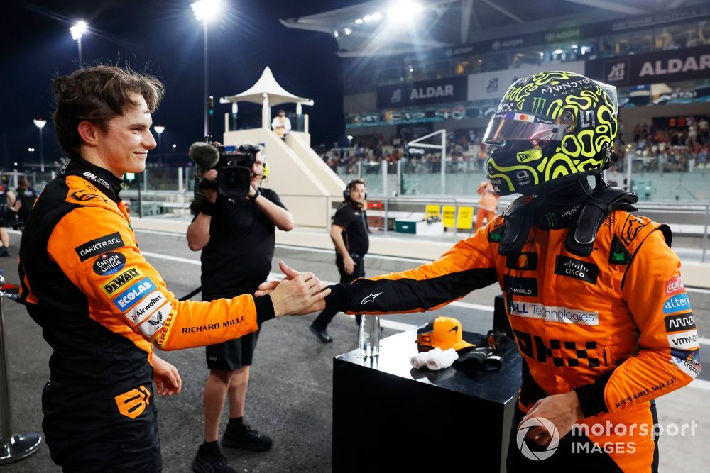 Oscar Piastri, McLaren F1 Team, pole man Lando Norris, McLaren F1 Team, congratulate each other in Parc Ferme