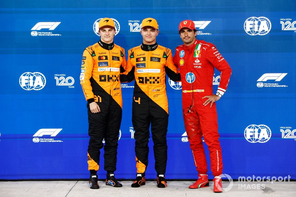 Top three Qualifiers Oscar Piastri, McLaren F1 Team, pole man Lando Norris, McLaren F1 Team, Carlos Sainz, Scuderia Ferrari